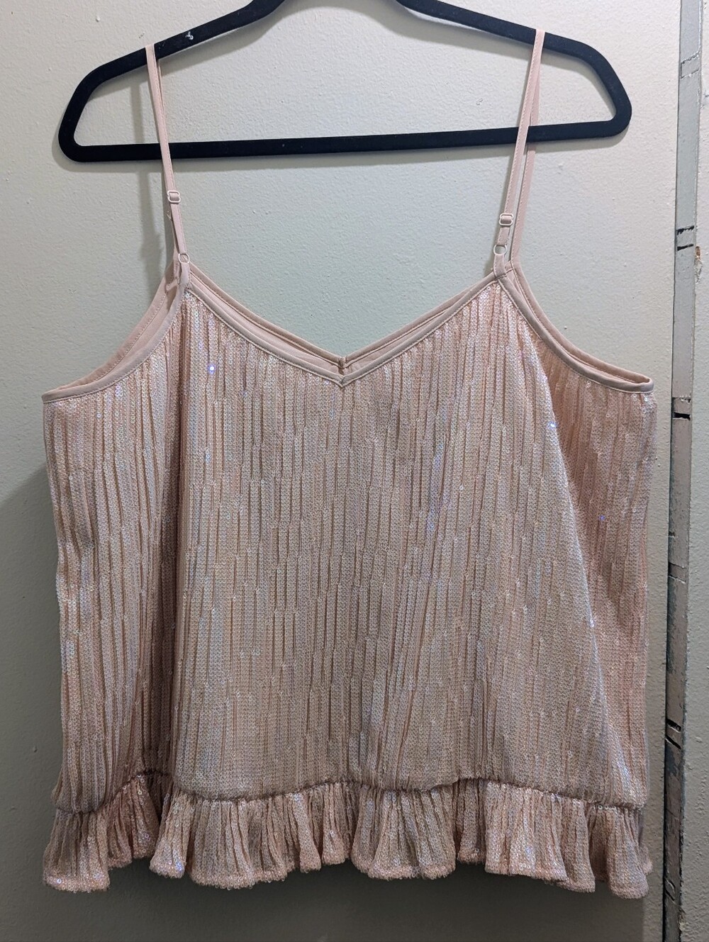 Anthropologie Amelie Sequin Shimmery Blush Pleated Ruffle Spaghetti Cami Top- 10 - Picture 6 of 14